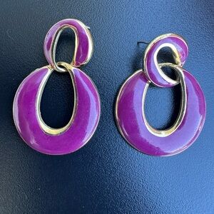Vintage Purple Enamel and Gold Tone Door Knocker Dangle Piercing Earrings